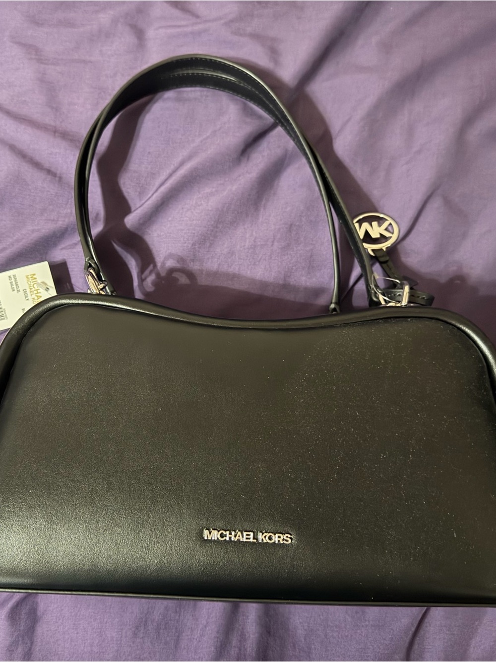 Michael Kors Black Leather Shoulder Satchel with Gold Logo Charm